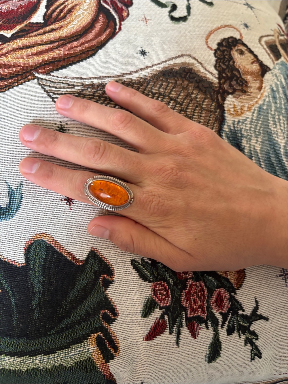 Sterling Silver Amber Oval Ring -Amber